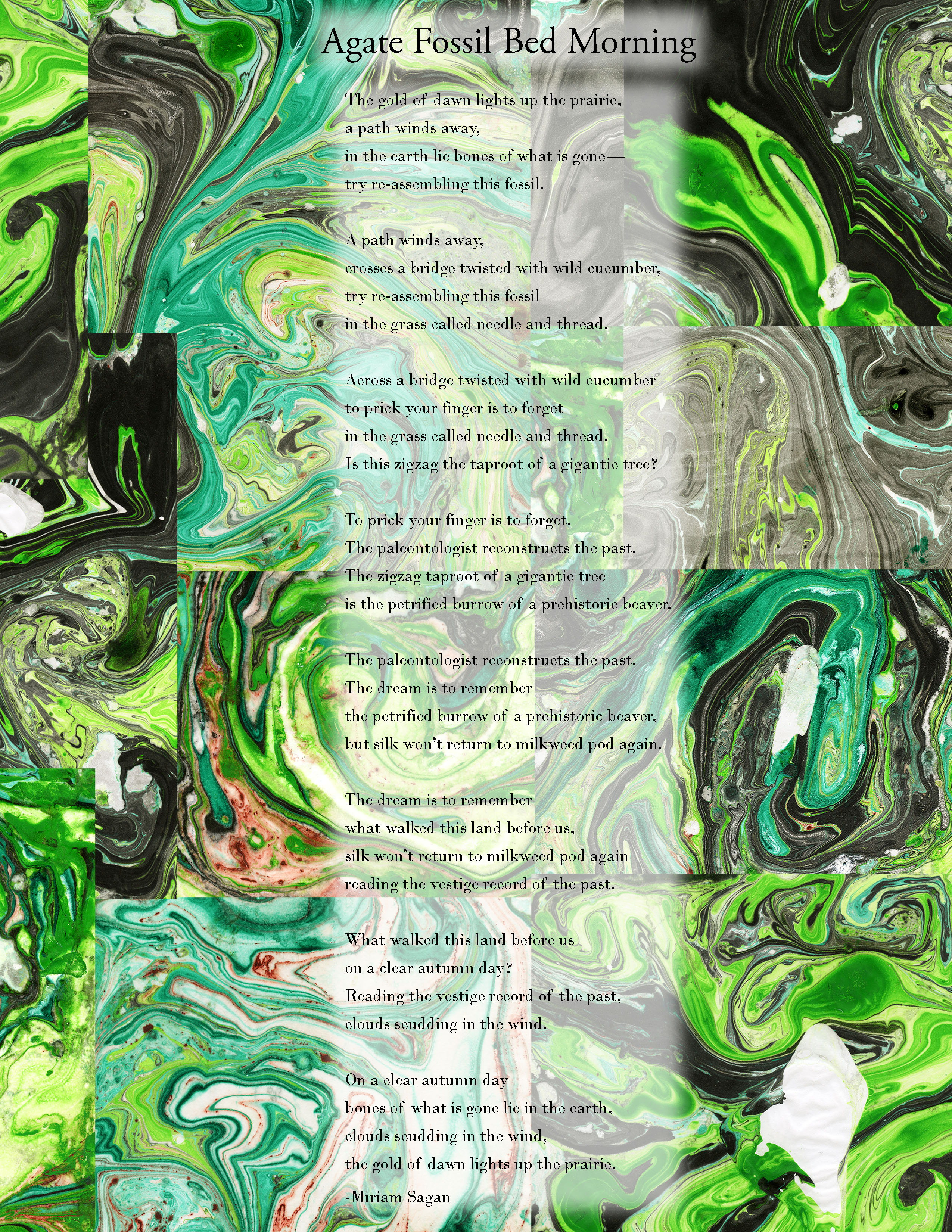 a broadside, on collaged green suminagashi, a poem by Miriam Sagan